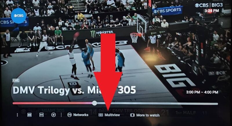 Selecting multiview on YouTube TV.