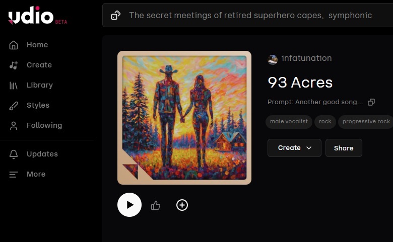 93 acres on Udio, an AI generated music platform.