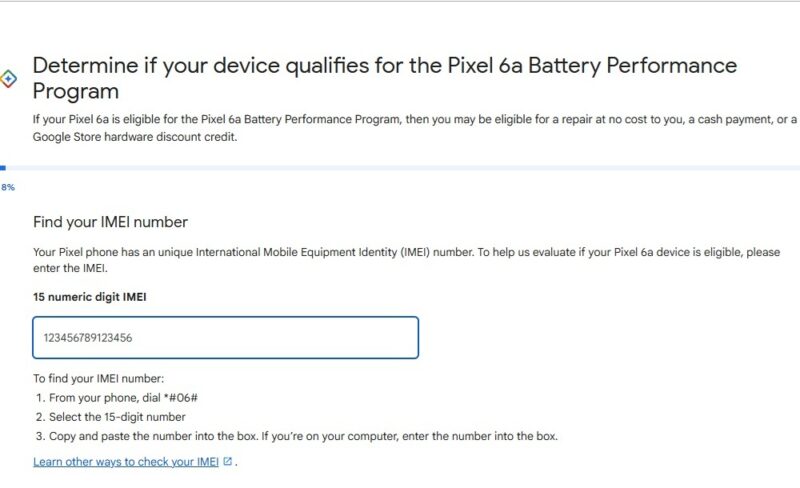 Entering IMEI to check for battery performance program eligibility.
