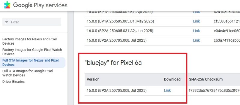 Download page for Google OTA files.