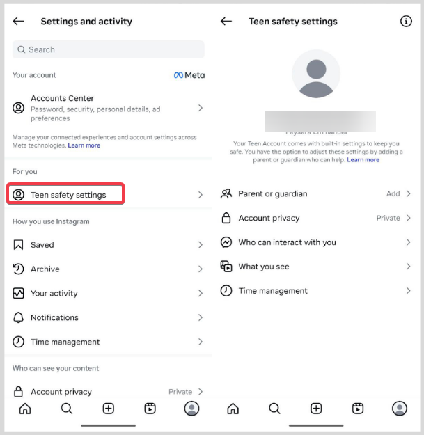 Instagram Teens Account Safety Settings