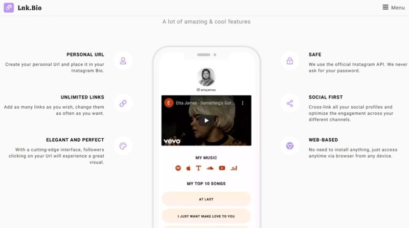 Example of Lnk.bio features and link in bio pages.