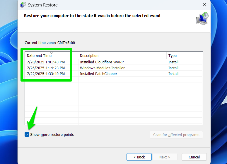 List of Restore Points in System Restore