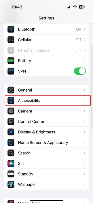 Tapping on "Accessibility" option on iPhone menu. 