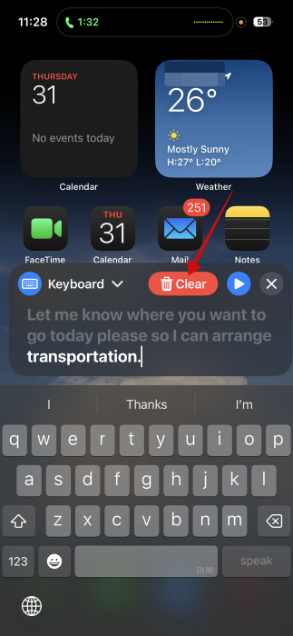 Tapping "Clear" button to delete text in Live Speech UI on iPhone. 