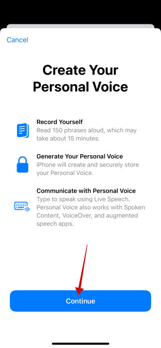 Tapping "Continue" to start setting up a Personal Voice on iPhone. 