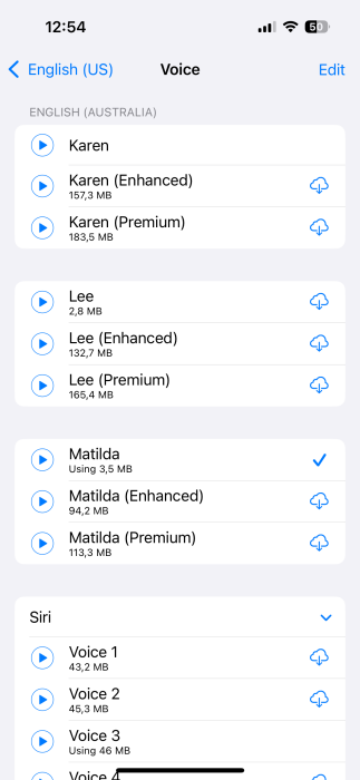 Browsing available voices for Live Speech on iPhone. 