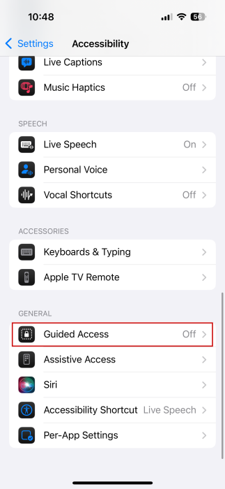 Tapping on "Guided Access" in iPhone Settings. 