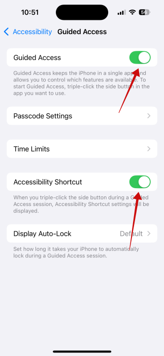 Turning on "Guided Access" and "Accessibility Shortcut" options in iPhone Settings. 