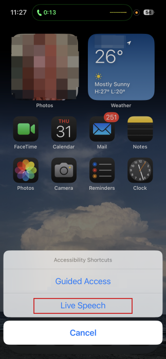 Tapping on "Live Speech" option on iPhone via Accessibility Shortcuts.