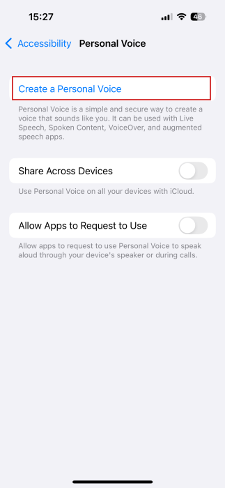Tapping on "Create a Personal Voice" via iPhone Settings. 