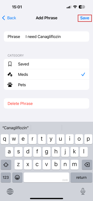 Creating new phrase for Live Speech on iPhone. 
