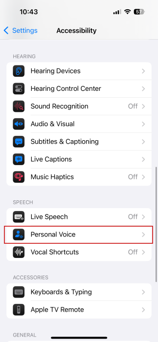 Tapping on "Personal Voice" in iPhone Settings. 