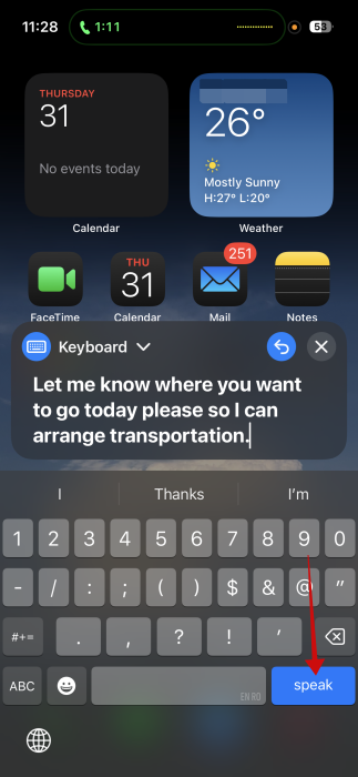 Pressing "Speak" button so that iPhone can speak out phrase. 
