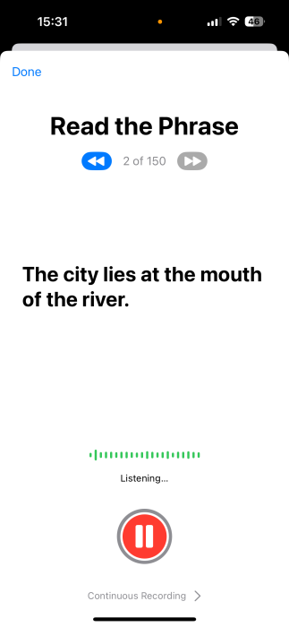 Speaking out phrases for Personal Voice on iPhone. 