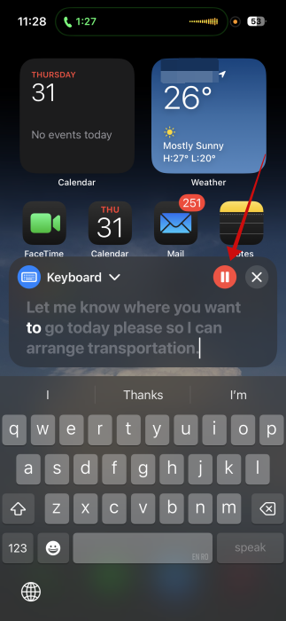 Pressing "Stop" button in Live Speech UI on iPhone. 
