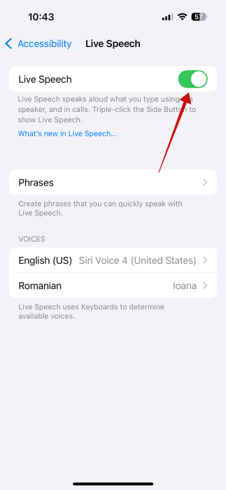 Toggling on "Live Speech" feature in iPhone Settings. 