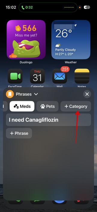 Tapping the "+Category" button in Live Speech UI on iPhone. 