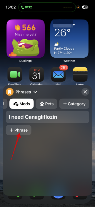 Viewing saved phrases in Live Speech UI on iPhone. 