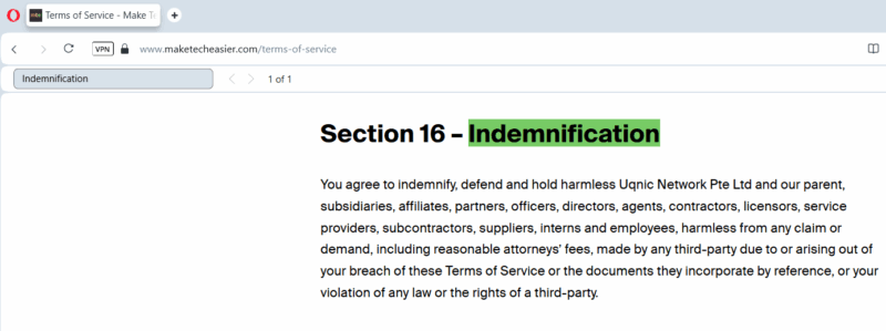 Maketecheasier TOS with indemnification highlighted