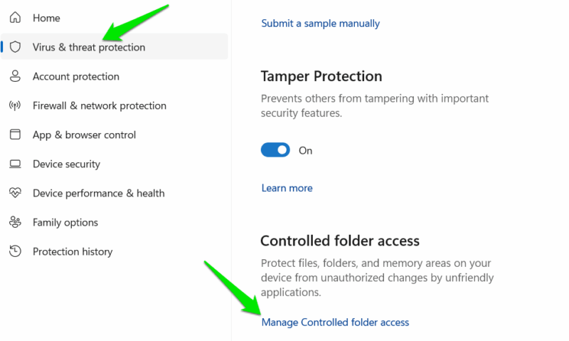Manage Controlled Folder Access option in Windows Security