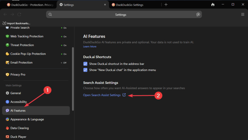 Open Search Assist Settings Duckduckgo