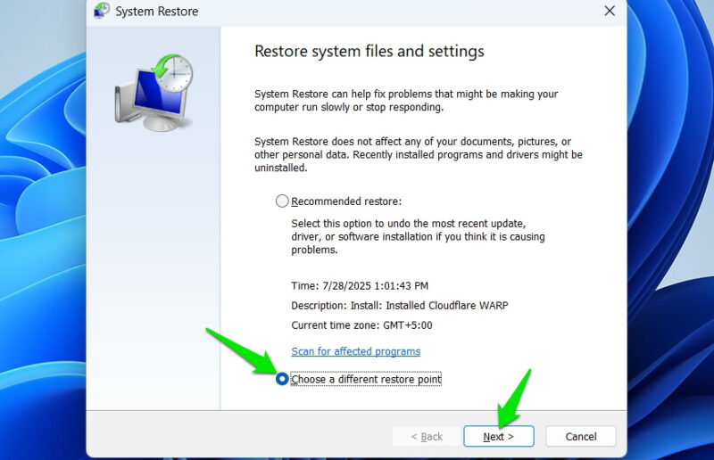 Opened System Restore wizard