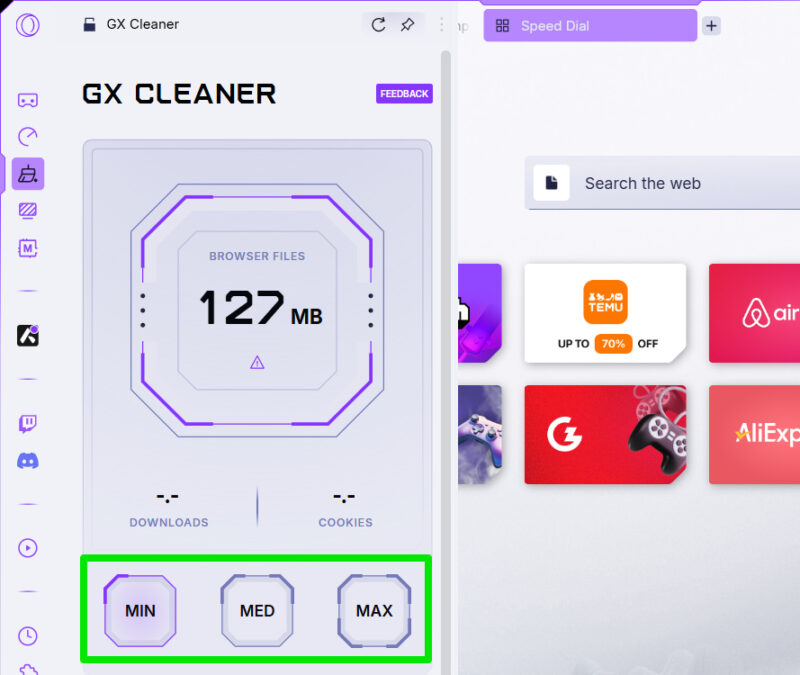 Opera GX Cleaner showing data to clean
