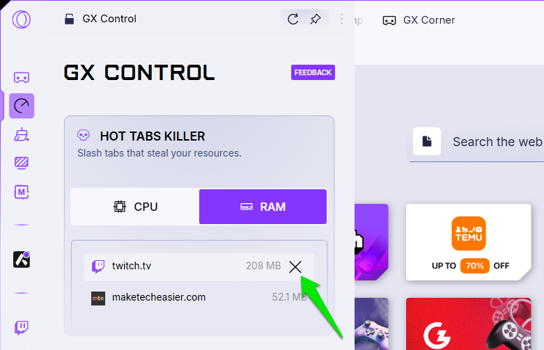Opera GX Hot Tab Killer killing Twitch tab