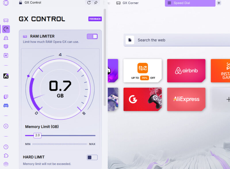 Opera GX GX Control opened in sidebar