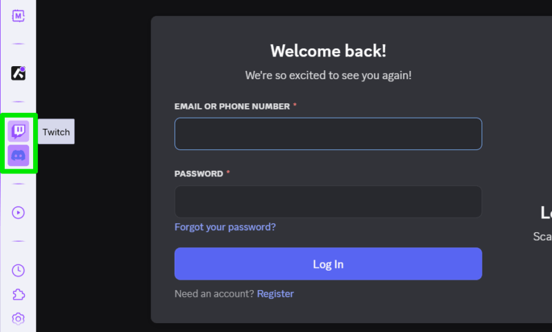 Opera GX Twitch and Discord in sidebar with Discord login page