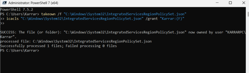 Taking owernship of file using command in command prompt