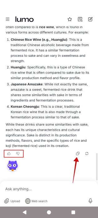Options to copy response and rate it in Lumo app on Android. 