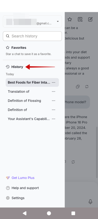 Accessing "History" in Lumo app on Android. 