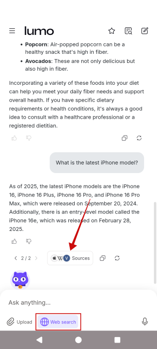 Searching the web with Lumo app on Android.