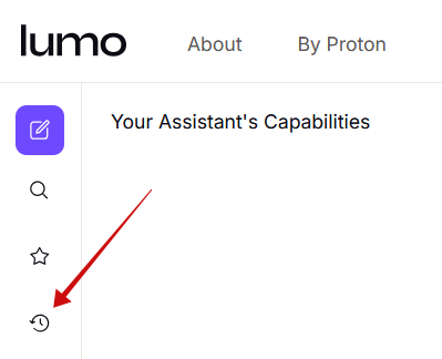 Pressing on the "History" button in Lumo on the web on PC. 