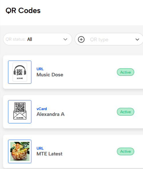 QR codes view in QRNow dashboard on PC. 