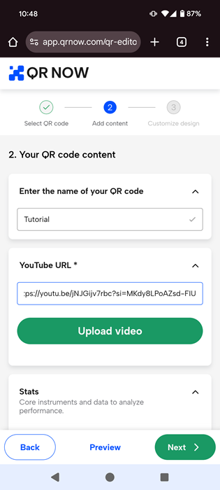 Creating QR code using the QRNow mobile app.