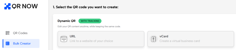 Bulk generator screen in QRNow dashboard on PC. 