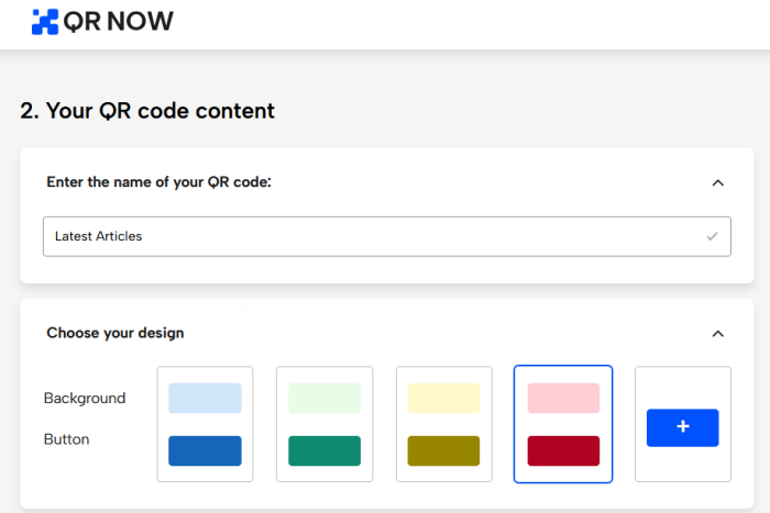 Naming QR Code and choosing a design on the QRNow site on PC. 