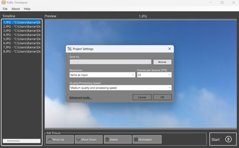 Raffy Timelapse Interface with saving setting open