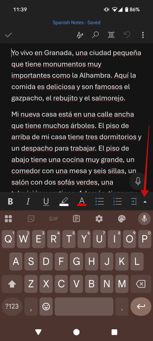 Pressing on tiny arrow icon in Word document on Android. 