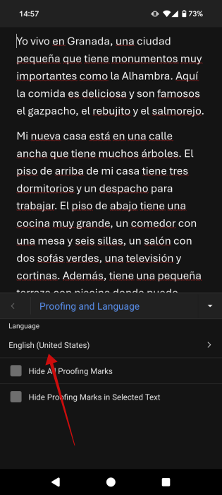 Pressing on default language option option in Word document on Android. 