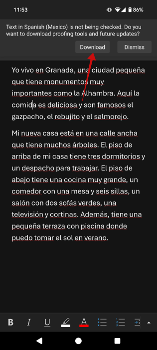 Tapping on "Download" to get language pack for Word on Android. 