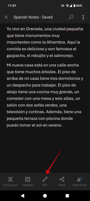 Pressing on "Edit" option in Word document on Android. 