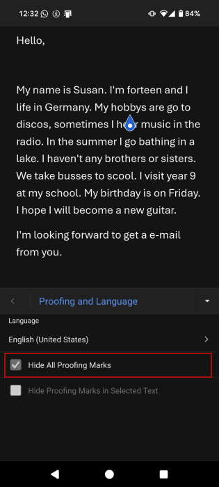 Enabling "Hide All Proofing Marks" option in Word on Android. 