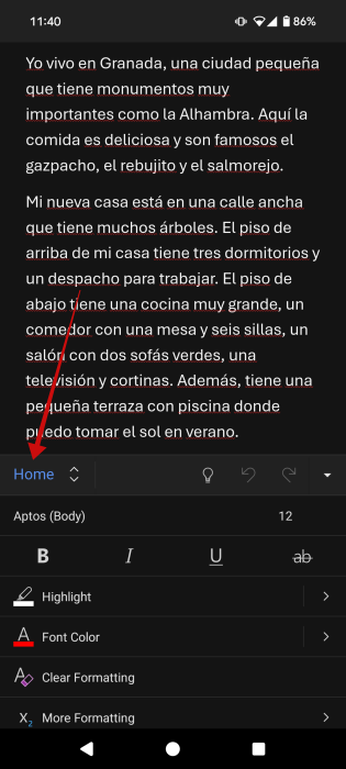 Pressing on "Home" option in Word document on Android. 