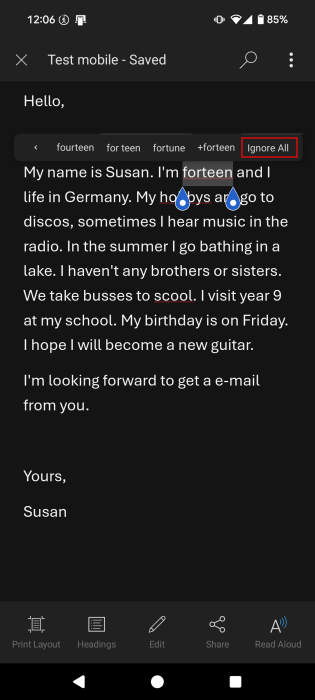 Pressing on "Ignore All" option for spelling mistake in Word on Android. 