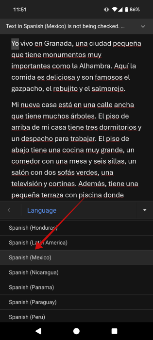 Selecting new language in Word on Android. 