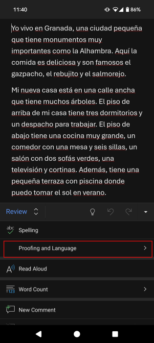 Tapping on "Proofing and Language" option in Word document on Android. 